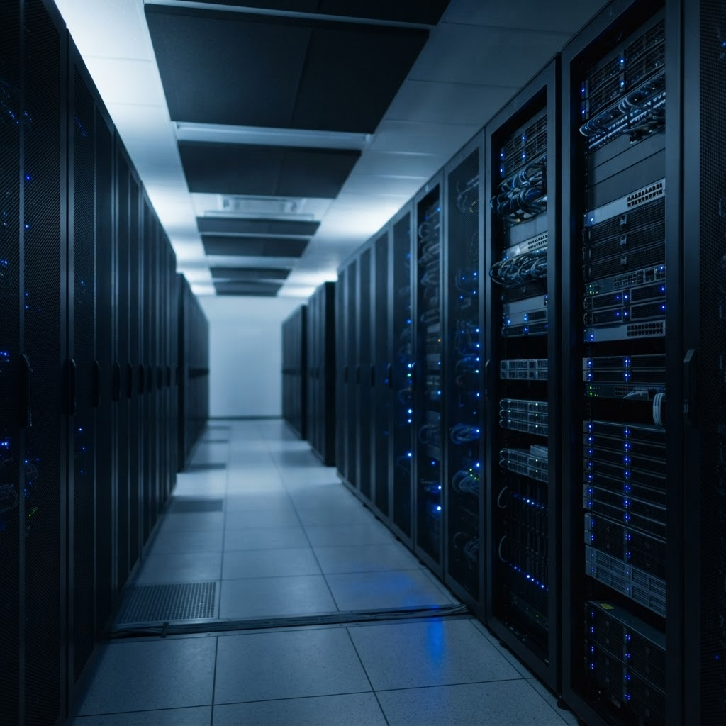 On-premises data center with rows of secure server racks